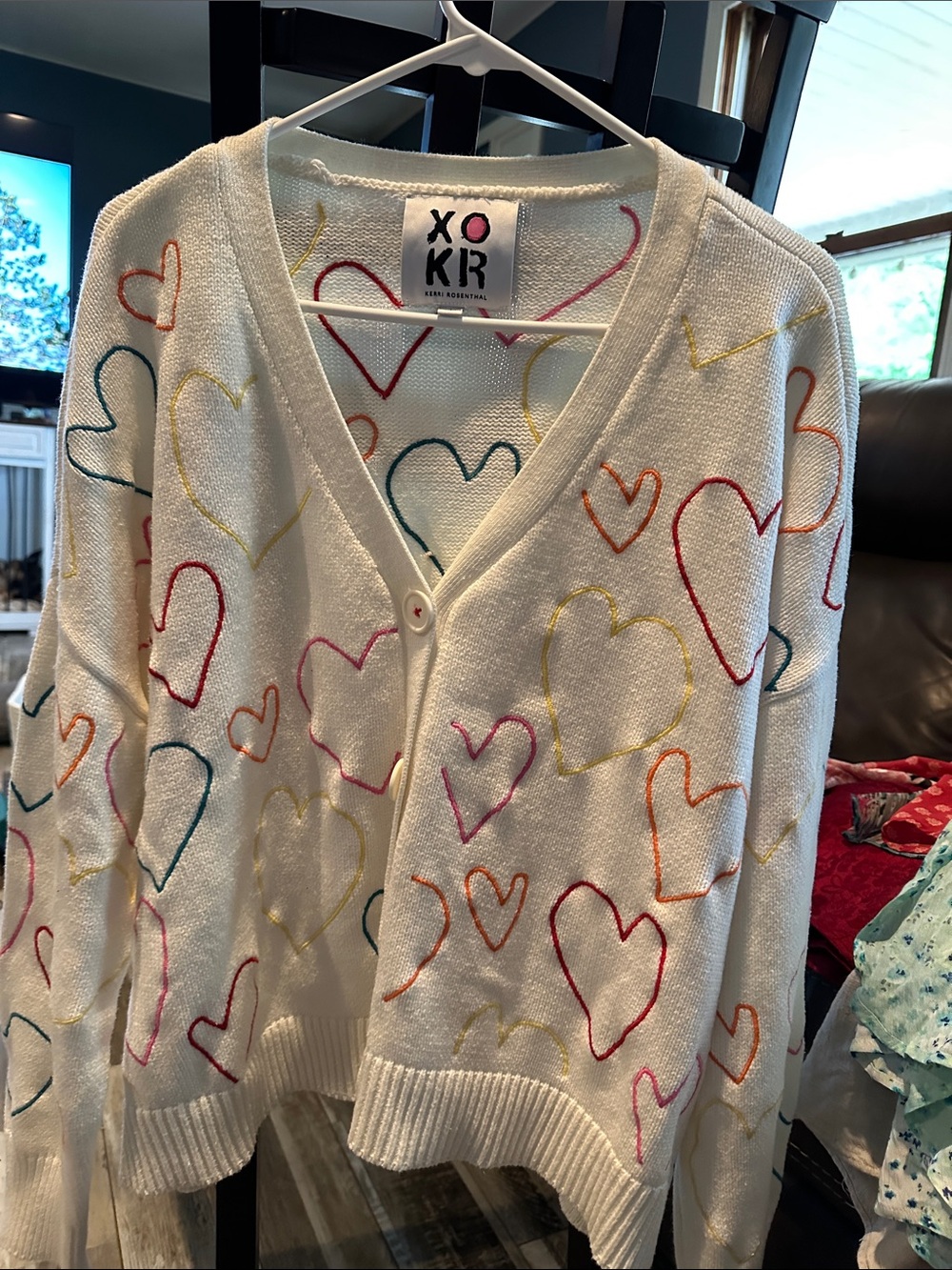 Rosenthal White Cardigan with Rainbow Heart Embroidery